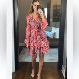 Bardot faux wrap ruffle belted Floral Dress - Pink